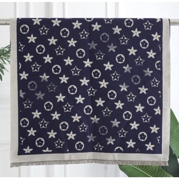 Flower Monogram Pattern Fringe Edge Lightweight Oblong Scarf*Fashion Fun*Navy - Picture 1 of 1